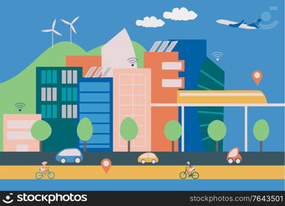 Illustration of a modern smart city with contemporary buildings, people on bycicles and eletric cars, internet wireless connection and green energy production.