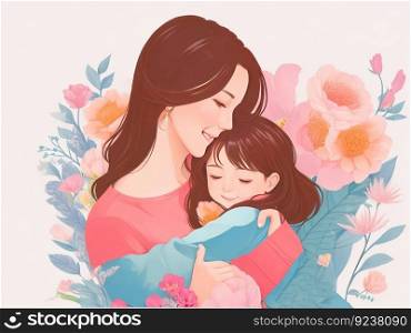 Illustration of a mother and daughter cuddling one other during Mother’s Day. Generative AI