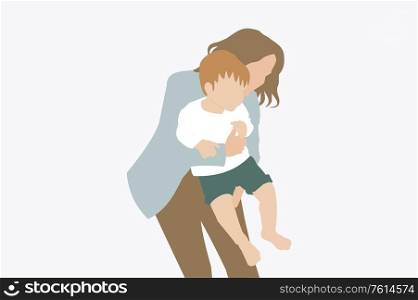 Illustration of a mother holding her baby toddler - Trendy and minimal Portrait