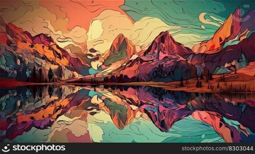 Illustration of a natural landscape mountains and a lake. Generative AI.