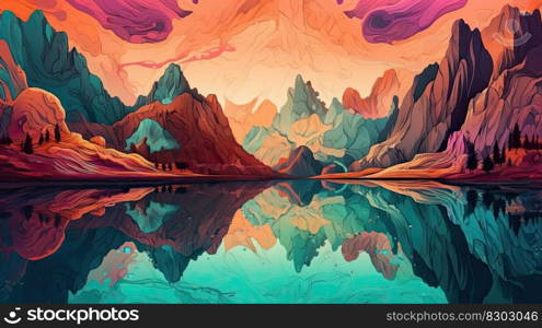 Illustration of a natural landscape mountains and a lake. Generative AI.