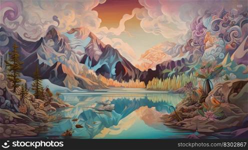 Illustration of a natural landscape mountains in the summer. Generative AI.