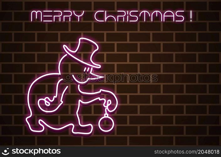 Illustration of a Neon Snowman on a Brick Wall Background