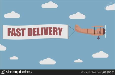 illustration of a plane towing a banner with Fast Delivery text, eps10 vector