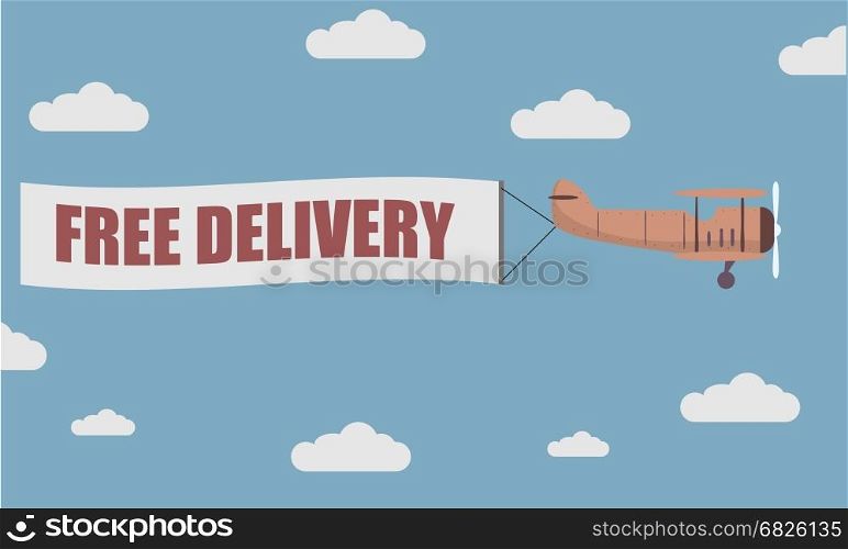illustration of a plane towing a banner with Free Delivery text, eps10 vector