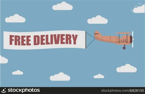 illustration of a plane towing a banner with Free Delivery text, eps10 vector