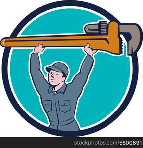 Illustration of a plumber in overalls and hat lifting giant monkey wrench viewed from front set inside circle on isolated background done in cartoon style. . Plumber Lifting Monkey Wrench Circle Cartoon