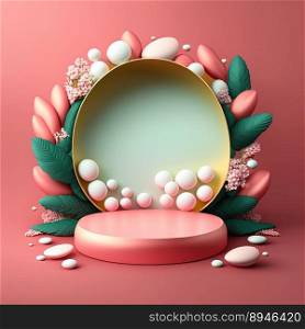 Illustration of a Podium with Easter Eggs, Flowers, and Greenery Decoration for Easter Celebration