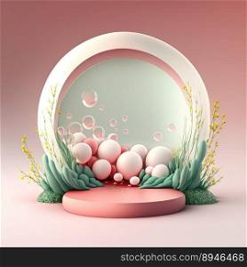 Illustration of a Podium with Easter Eggs, Flowers, and Leaves Decoration for Product Display