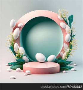 Illustration of a Podium with Easter Eggs, Flowers, and Leaves Ornaments for Product Display