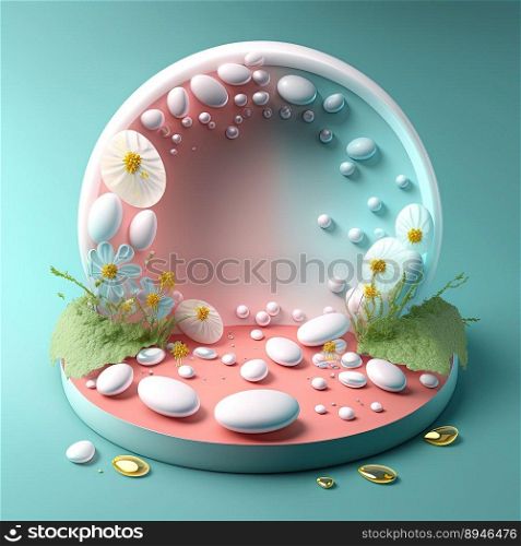 Illustration of a Podium with Eggs, Flowers, and Foliage Decoration for Product Display