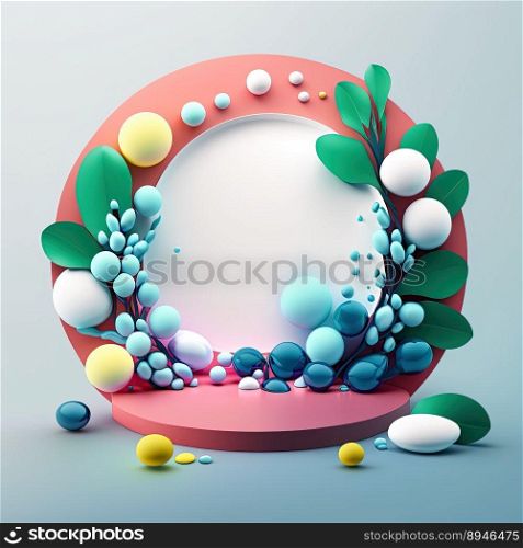 Illustration of a Podium with Eggs, Flowers, and Leaves Decoration for Product Display