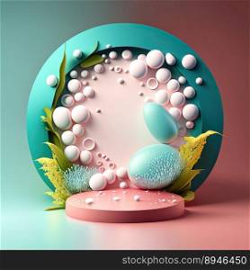 Illustration of a Podium with Eggs, Flowers, and Leaves Ornaments for Product Display