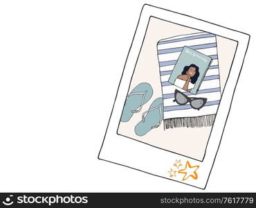 Illustration of a polaroid with summer objects composition - Celebrating the ending of coronavirus quarantine