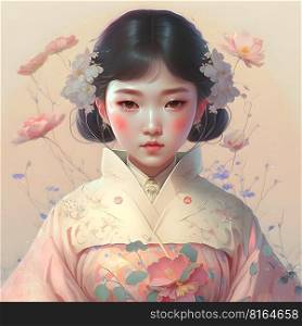 Illustration of a portrait of an Asian girl in a kimono, created as a generative artwork using AI.