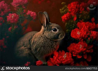 Illustration of a rabbit between red flowers. Dark colors. Generative AI