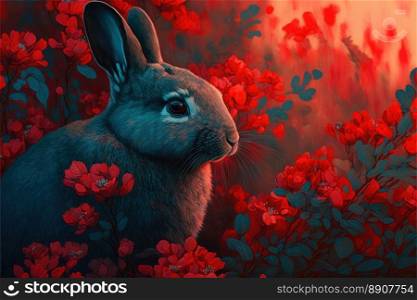 Illustration of a rabbit between red flowers. Dark colors. Generative AI