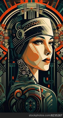 Illustration of a Russian woman and art deco, created as a generative artwork using AI.