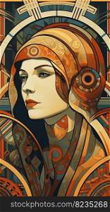 Illustration of a Russian woman and art deco, created as a generative artwork using AI.