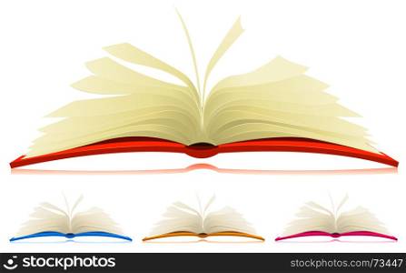 Illustration of a set of cartoon opened books in four different colors with flipping pages. Open Book Set