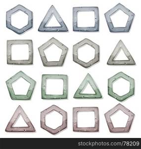 Illustration of a set of funny cartoon design stone and rock icons, squares, polygon, triangle and other geometric shapes and frames for banner or ui game environment. Stone Squares, Triangles And Other Shapes Set