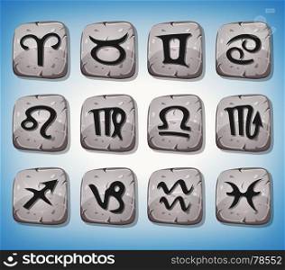 Illustration of a set of funny zodiac sign icons on cartoon stony rock buttons, for astrology, app or game ui on tablet pc. Zodiac Signs And Icons Set On Rocks