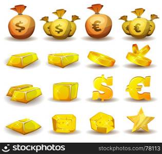 Illustration of a set of glossy and bright cartoon gold and credits icons, ingot and symbols of currency, for game user interface. Gold Credit, Money, Coins Set For Game Interface