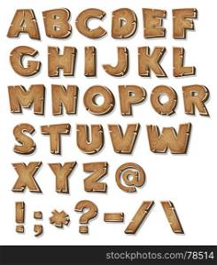 Illustration of a set of wooden comic ABC letters and font characters also containing punctuation symbols. Comic Wood Alphabet