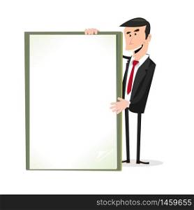 Illustration of A Simple Happy Cartoon White Businessman Holding A Blank Sign.. Cartoon White Businessman Holding A Blank Sign