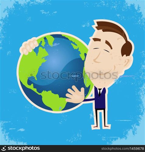 Illustration of a small businessman holding mother earth in his arm. Man Loving Earth