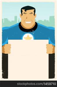Illustration of a stylized Super Hero holding advertisement sign. Grunge Super Hero Sign