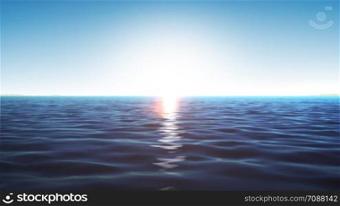 Illustration of a summer ocean landscape with water waves texture and shining sun. Beautiful Ocean Background Scene