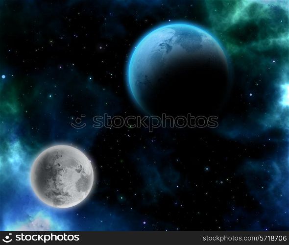 Illustration of a surreal space scene with fictional planets