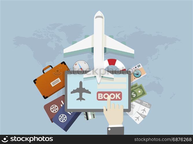 illustration of a vacation and travel booking concept, hand over tablet presses book button, eps10 vector
