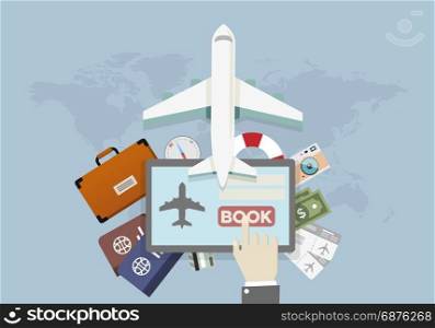 illustration of a vacation and travel booking concept, hand over tablet presses book button, eps10 vector