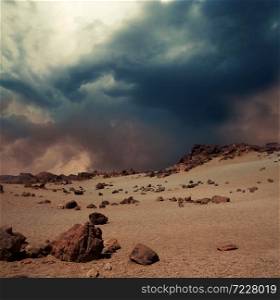 Illustration of a vast dust storm approaching on rocky Planet Mars landscape.