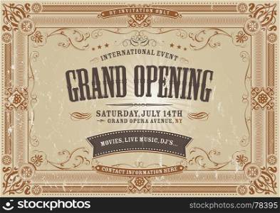 Illustration of a vintage invitation background to a grand opening exhibition with various royal floral patterns, frames, banners, grunge texture and retro design. Vintage Horizontal Invitation Background