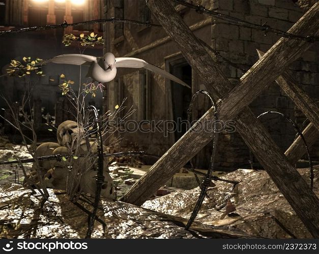 Illustration of a war battle scene with a pigeon flying over human skulls and destroyed buildings. Battlefield art background - 3d rendering. Illustration of a war battle scene with a pigeon flying over human skulls and destroyed buildings.