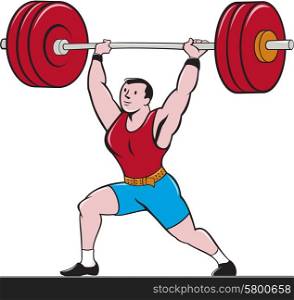 Illustration of a weightlifter lifting barbell weights set on isolated white background done in cartoon style. . Weightlifter Lifting Barbell Isolated Cartoon