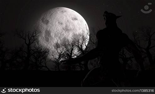 Illustration of a werewolf during the full moon in the creepy forest - 3d rendering. Illustration of a werewolf during the full moon in the creepy forest