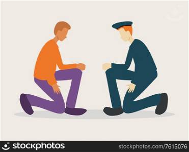 Illustration of a white police and a afro american man taking knee in tribute to victims of racism - Black Lives Matter