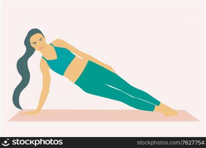 Illustration of a woman doing side plank over the exercise mat