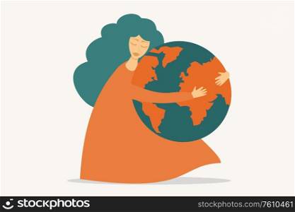 Illustration of a woman hugging the earth - Save our planet, Environment activist