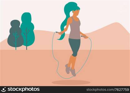 Illustration of a woman jumping rope at the park. Fitness and Wellness