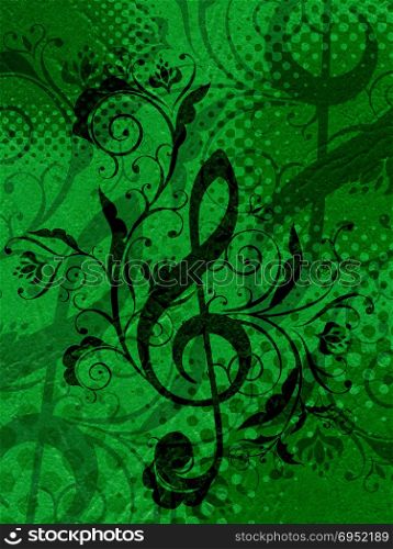 Illustration of abstract grunge retro musical notes background with floral ornament.