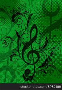Illustration of abstract grunge retro musical notes background with floral ornament.