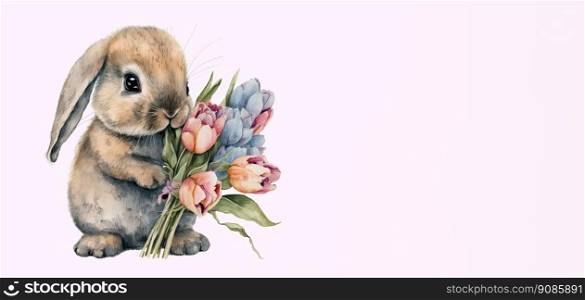 Illustration of an adorable fluffy bunny with a bouquet of flowers on white background. Generative AI