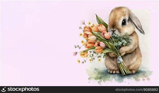 Illustration of an adorable fluffy bunny with a bouquet of flowers on white background. Generative AI