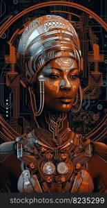 Illustration of an Afican woman and art deco, created as a generative artwork using AI.