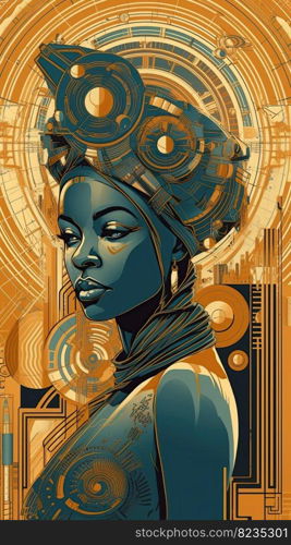 Illustration of an Afican woman and art deco, created as a generative artwork using AI.